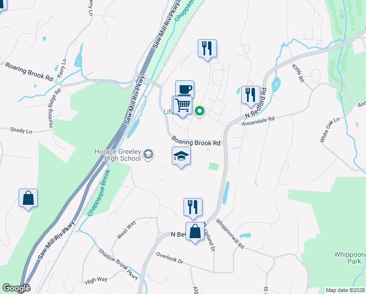 map of restaurants, bars, coffee shops, grocery stores, and more near 80 Roaring Brook Road in Chappaqua