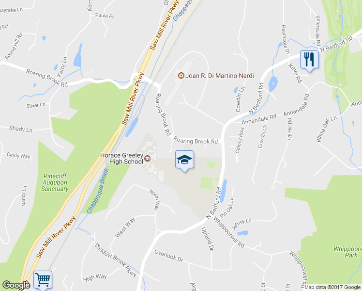 map of restaurants, bars, coffee shops, grocery stores, and more near 80 Roaring Brook Road in Chappaqua
