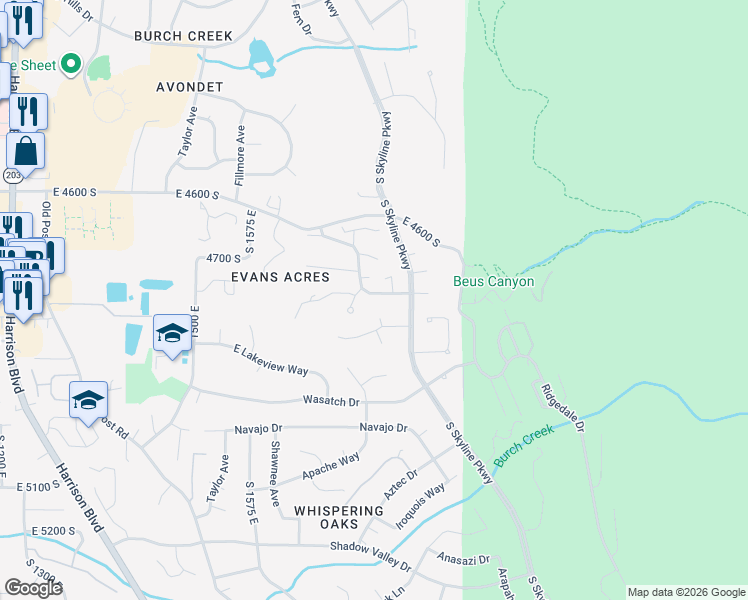 map of restaurants, bars, coffee shops, grocery stores, and more near 1773 Meadow Creek Lane in Ogden