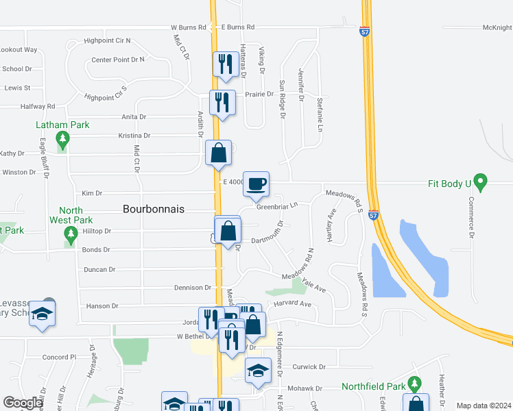 map of restaurants, bars, coffee shops, grocery stores, and more near 207 Greenbriar Lane in Bourbonnais