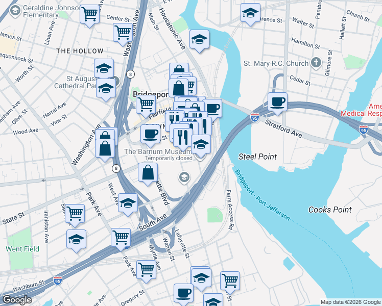 map of restaurants, bars, coffee shops, grocery stores, and more near 1-71 Markle Court in Bridgeport