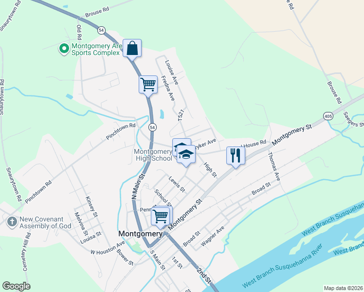 map of restaurants, bars, coffee shops, grocery stores, and more near 101-179 School House Road in Montgomery