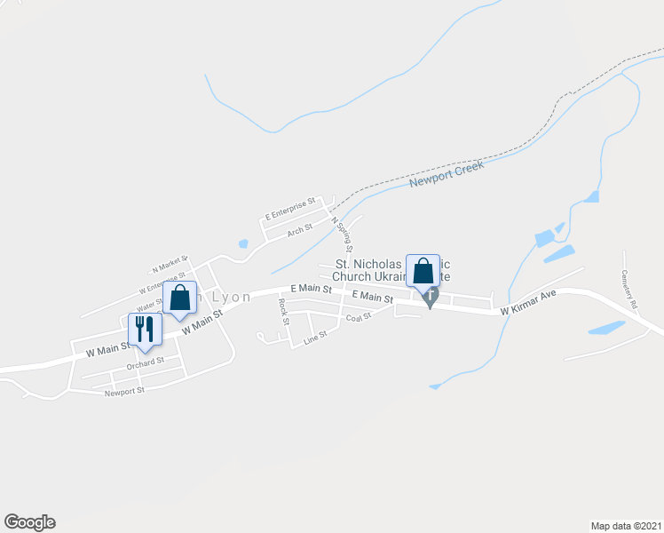 map of restaurants, bars, coffee shops, grocery stores, and more near 44 West Ridge Street in Glen Lyon