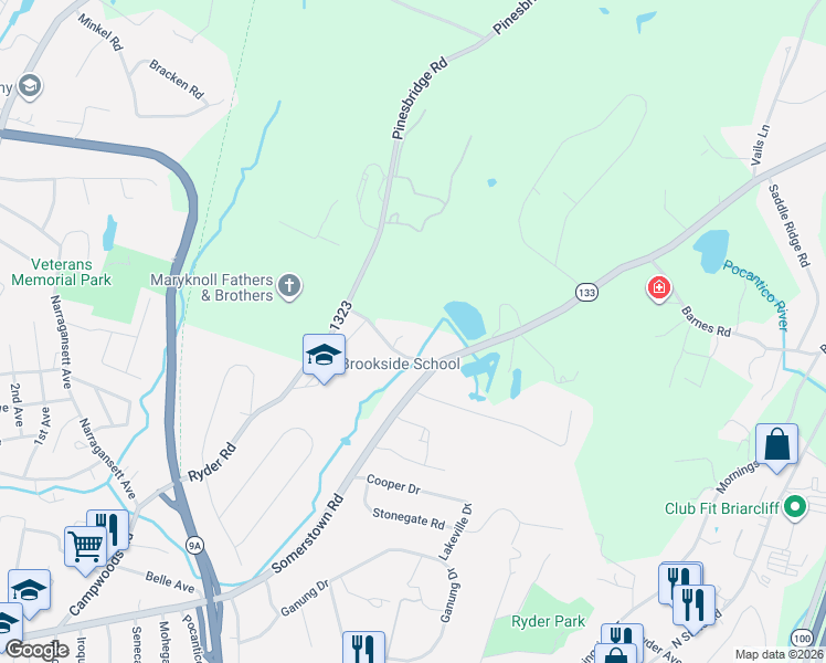 map of restaurants, bars, coffee shops, grocery stores, and more near 6 Brookside Lane in Ossining