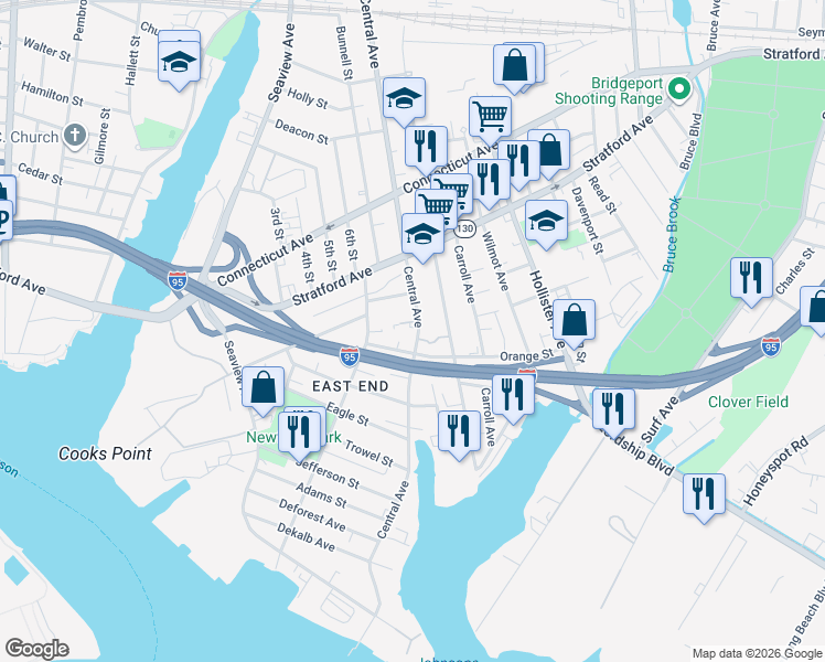 map of restaurants, bars, coffee shops, grocery stores, and more near 20 New Era Court in Bridgeport