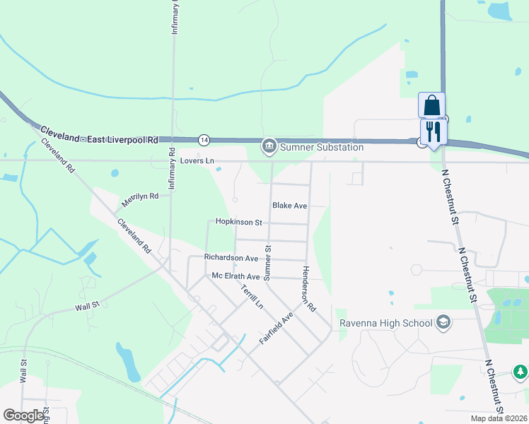 map of restaurants, bars, coffee shops, grocery stores, and more near 6830 Sumner Street in Ravenna