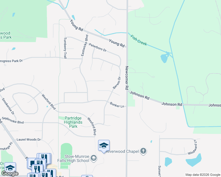 map of restaurants, bars, coffee shops, grocery stores, and more near 3230 Berwin Drive in Stow