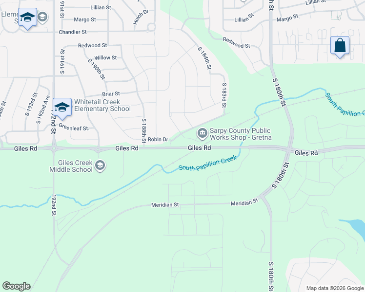 map of restaurants, bars, coffee shops, grocery stores, and more near 18496 Giles Road in Omaha