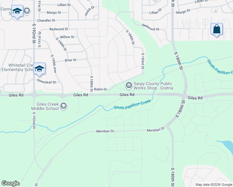 map of restaurants, bars, coffee shops, grocery stores, and more near 18494 Giles Road in Omaha