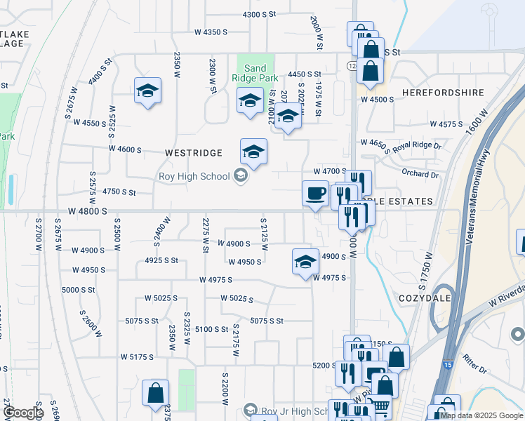 map of restaurants, bars, coffee shops, grocery stores, and more near 2150 West 4800 South in Roy