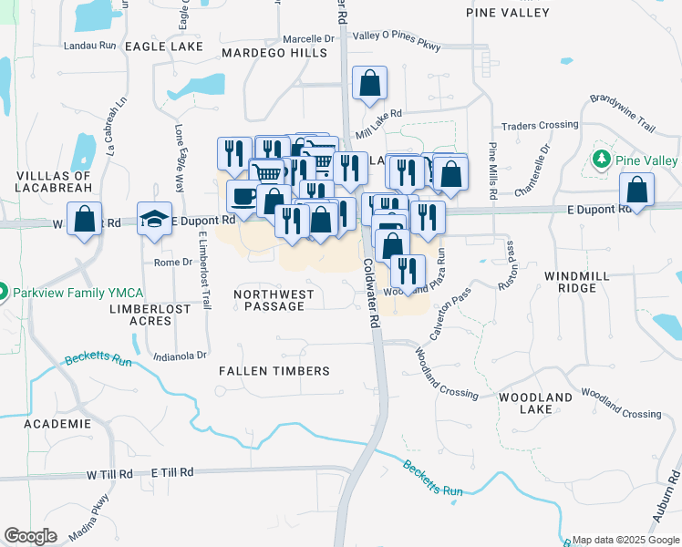 map of restaurants, bars, coffee shops, grocery stores, and more near 10234 Shelter Field Run in Fort Wayne