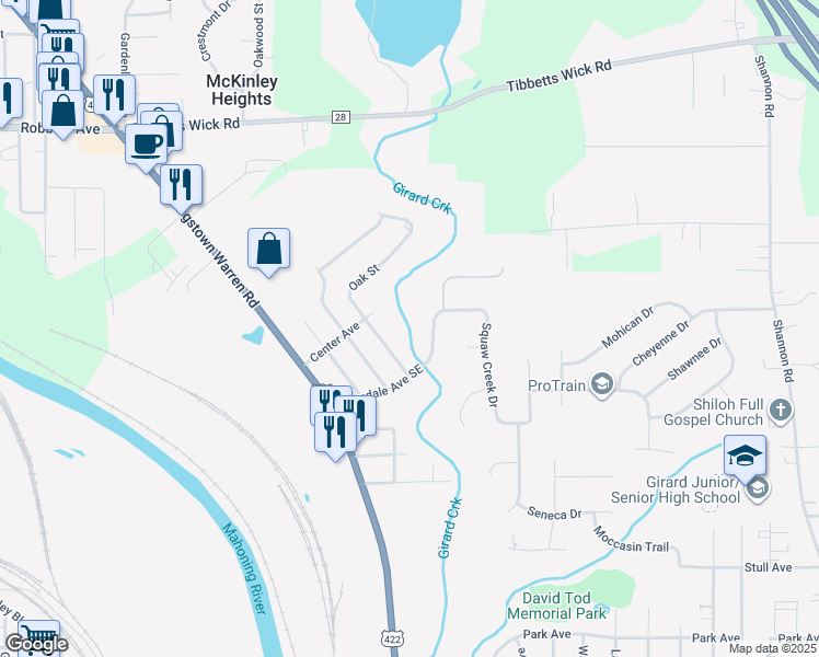 map of restaurants, bars, coffee shops, grocery stores, and more near 1524 Squaw Creek Drive in Girard