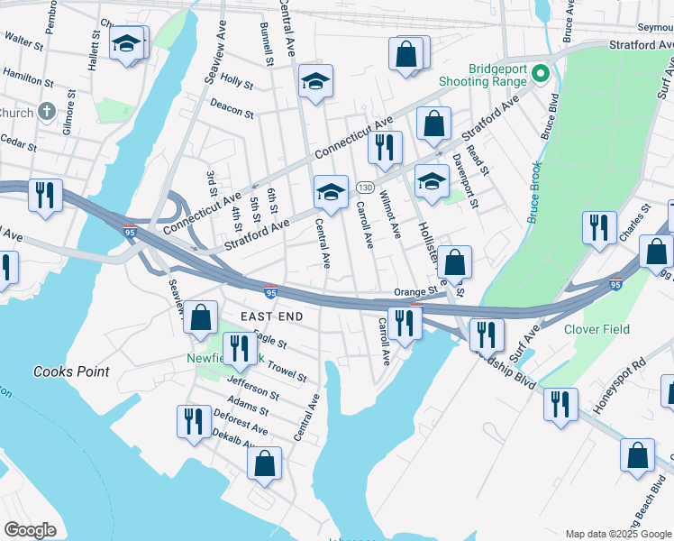 map of restaurants, bars, coffee shops, grocery stores, and more near 326 Union Avenue in Bridgeport