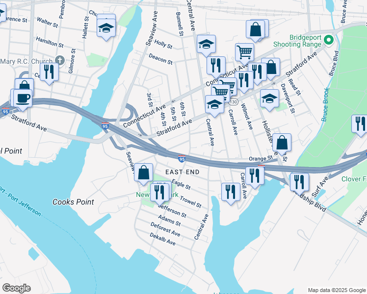 map of restaurants, bars, coffee shops, grocery stores, and more near 582 Newfield Avenue in Bridgeport
