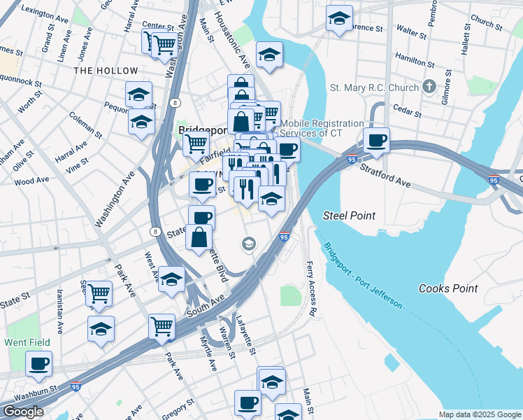 map of restaurants, bars, coffee shops, grocery stores, and more near 189 State Street in Bridgeport