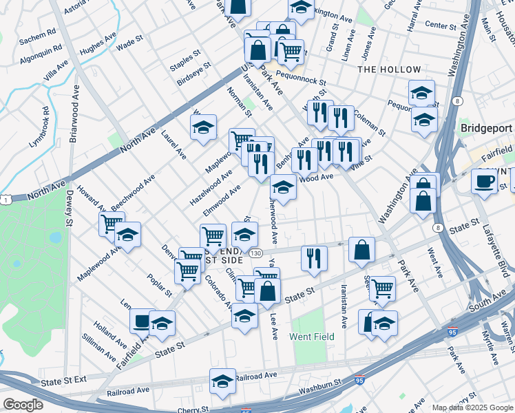 map of restaurants, bars, coffee shops, grocery stores, and more near 155 Sherwood Avenue in Bridgeport