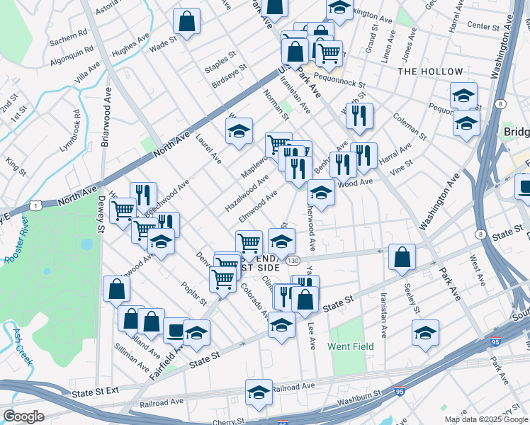 map of restaurants, bars, coffee shops, grocery stores, and more near 583 Laurel Avenue in Bridgeport