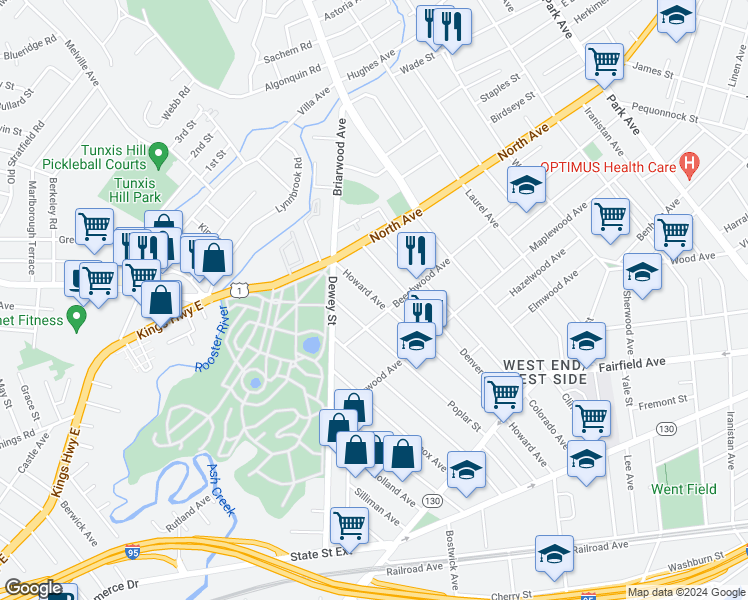 map of restaurants, bars, coffee shops, grocery stores, and more near 1246 Howard Avenue in Bridgeport