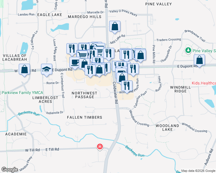 map of restaurants, bars, coffee shops, grocery stores, and more near 10234 Shelter Field Run in Fort Wayne