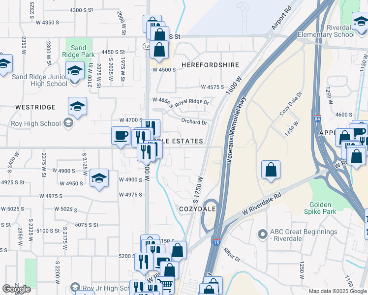 map of restaurants, bars, coffee shops, grocery stores, and more near in Roy