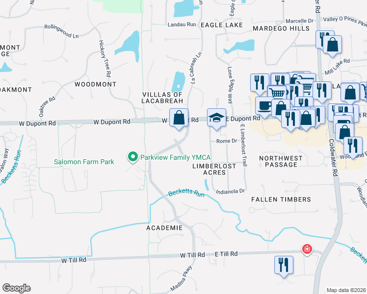 map of restaurants, bars, coffee shops, grocery stores, and more near in Fort Wayne