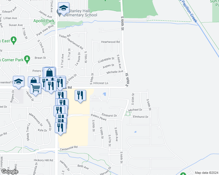 map of restaurants, bars, coffee shops, grocery stores, and more near 6711 Giles Road in La Vista