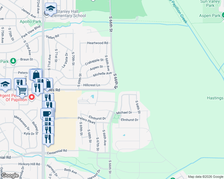 map of restaurants, bars, coffee shops, grocery stores, and more near 6601 Giles Road in La Vista