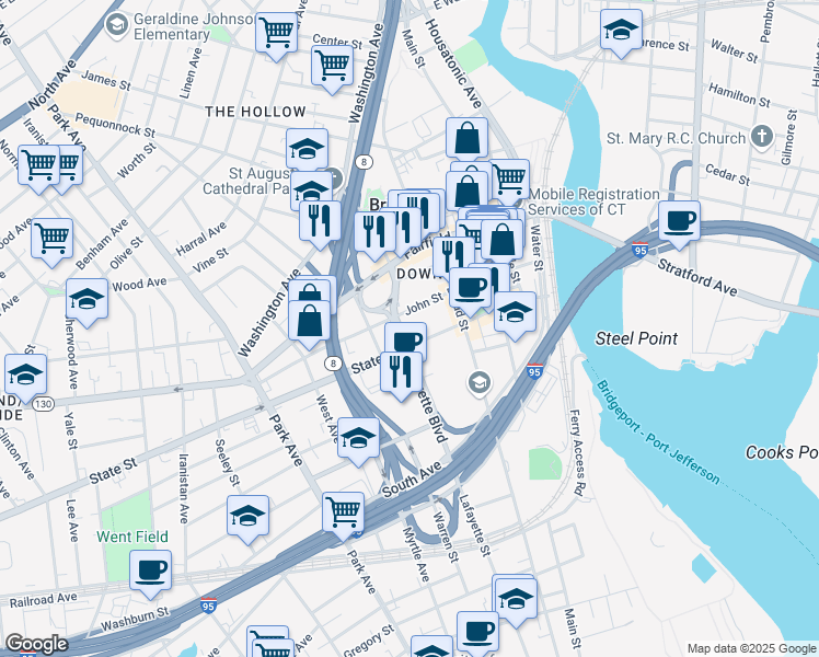 map of restaurants, bars, coffee shops, grocery stores, and more near 1611 John Street in Bridgeport