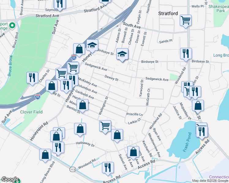 map of restaurants, bars, coffee shops, grocery stores, and more near 355 Roosevelt Avenue in Stratford