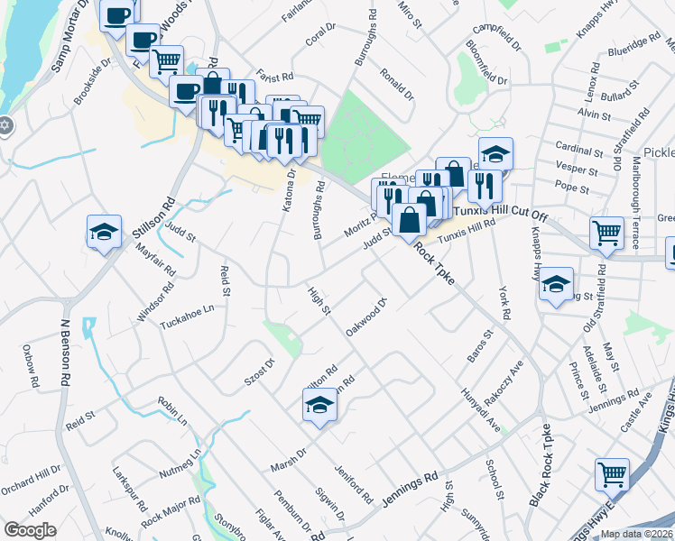 map of restaurants, bars, coffee shops, grocery stores, and more near 165 Judd Street in Fairfield