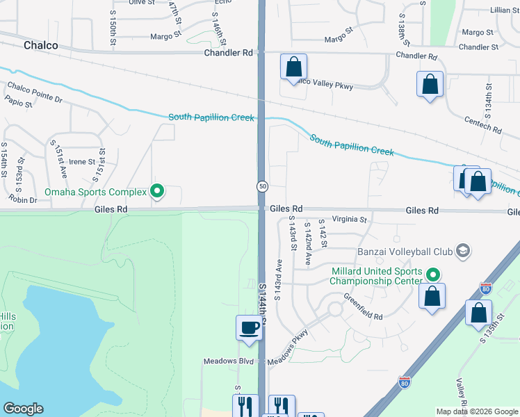 map of restaurants, bars, coffee shops, grocery stores, and more near Giles Rd & S 144th St in Omaha