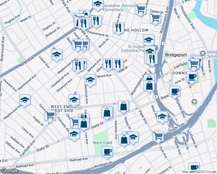 map of restaurants, bars, coffee shops, grocery stores, and more near 554 Norman Street in Bridgeport