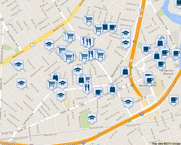 map of restaurants, bars, coffee shops, grocery stores, and more near 554 Norman Street in Bridgeport
