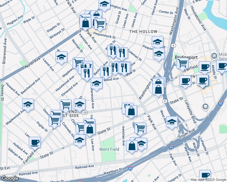 map of restaurants, bars, coffee shops, grocery stores, and more near 554 Norman Street in Bridgeport