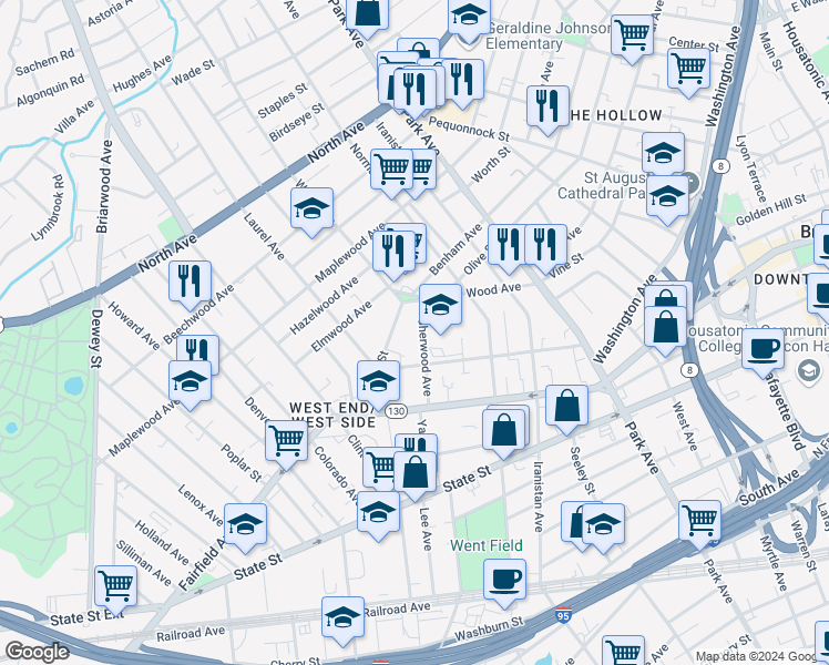 map of restaurants, bars, coffee shops, grocery stores, and more near 155 Sherwood Avenue in Bridgeport