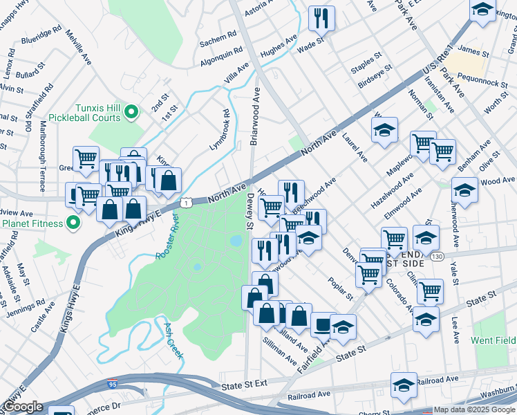 map of restaurants, bars, coffee shops, grocery stores, and more near 682 Dewey Street in Bridgeport