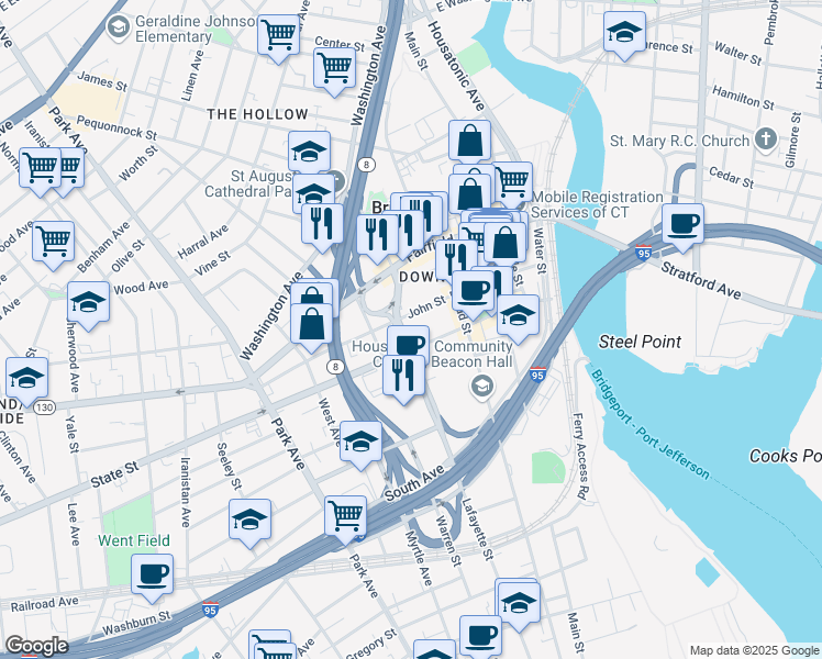 map of restaurants, bars, coffee shops, grocery stores, and more near 1000 Lafayette Boulevard in Bridgeport