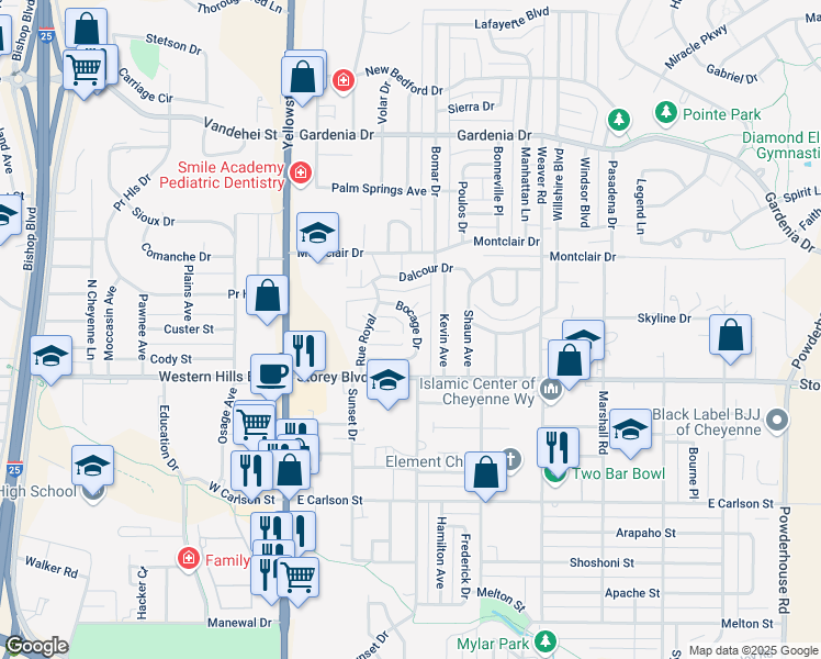 map of restaurants, bars, coffee shops, grocery stores, and more near 357 Bocage Drive in Cheyenne