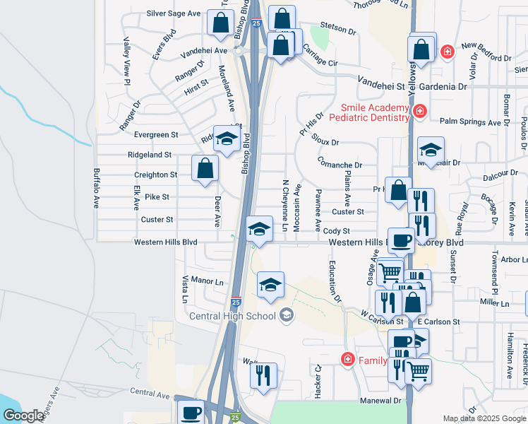 map of restaurants, bars, coffee shops, grocery stores, and more near 531 Dartmouth Ln in Cheyenne