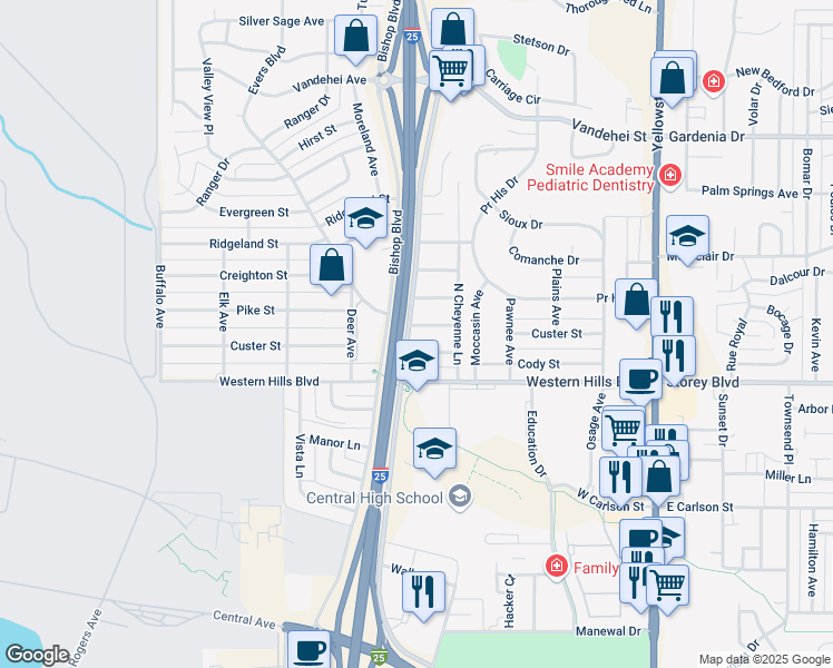 map of restaurants, bars, coffee shops, grocery stores, and more near 531 Dartmouth Lane in Cheyenne