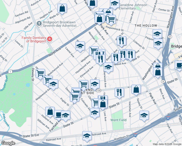 map of restaurants, bars, coffee shops, grocery stores, and more near 175 Grove Street in Bridgeport