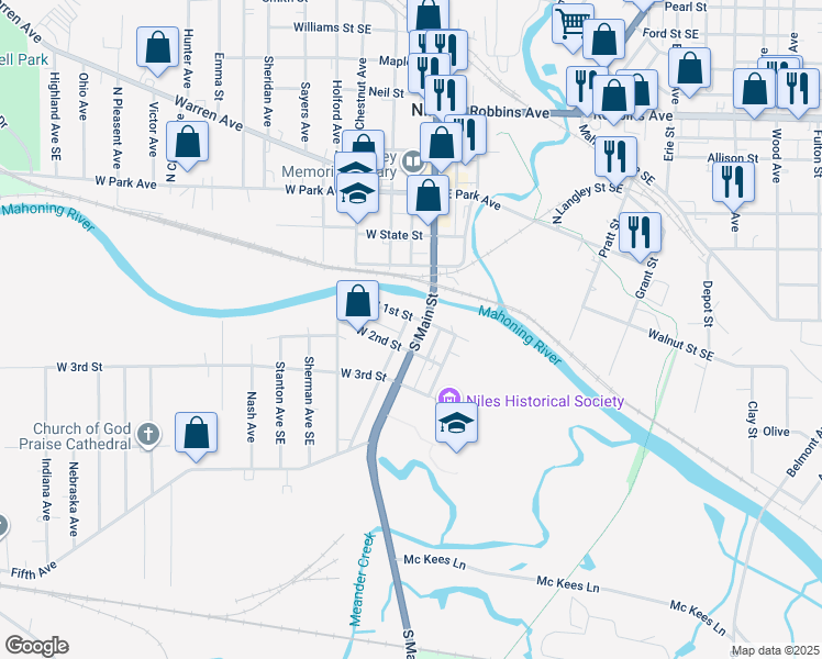 map of restaurants, bars, coffee shops, grocery stores, and more near 316 S Main St in Niles