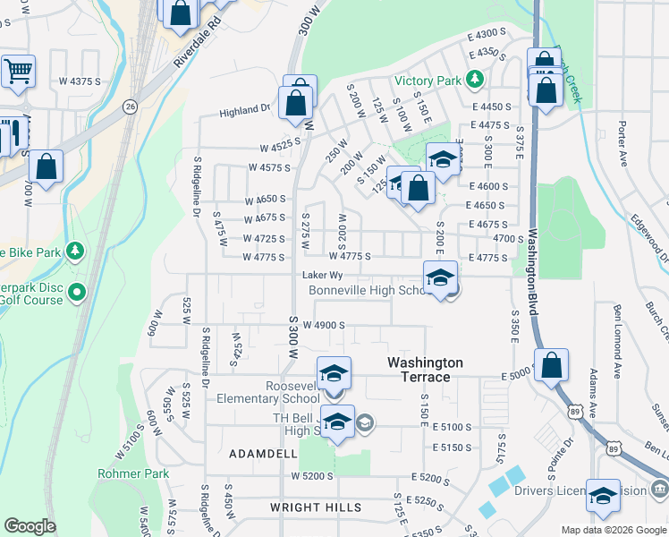 map of restaurants, bars, coffee shops, grocery stores, and more near West 4800 South in WASHINGTON TR