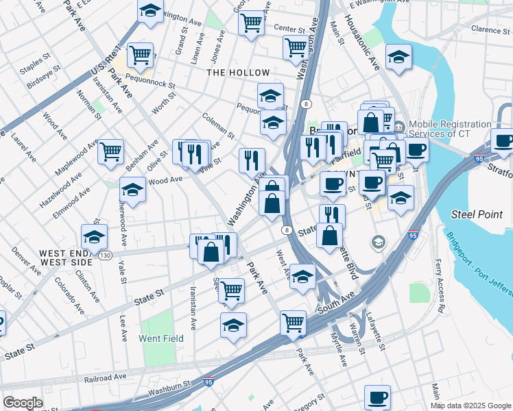 map of restaurants, bars, coffee shops, grocery stores, and more near 530 West Avenue in Bridgeport