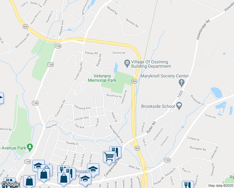 map of restaurants, bars, coffee shops, grocery stores, and more near 13 Birchbrook Road in Ossining