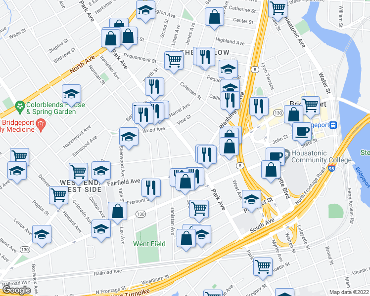 map of restaurants, bars, coffee shops, grocery stores, and more near 1131 Park Avenue in Bridgeport