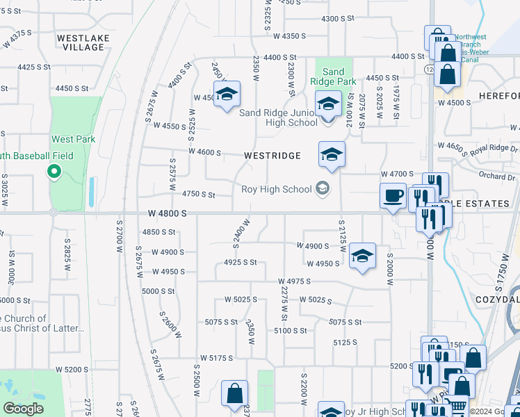 map of restaurants, bars, coffee shops, grocery stores, and more near 2336 West 4800 South in Roy