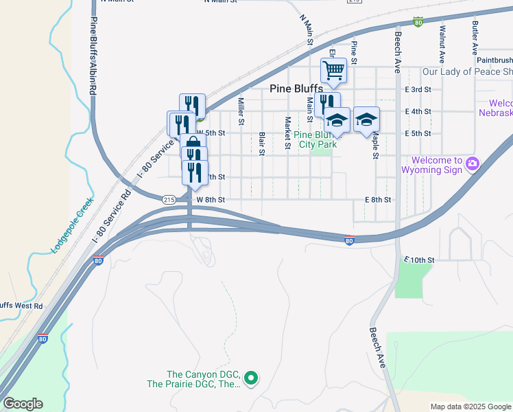 map of restaurants, bars, coffee shops, grocery stores, and more near 804 Blair St in Pine Bluffs