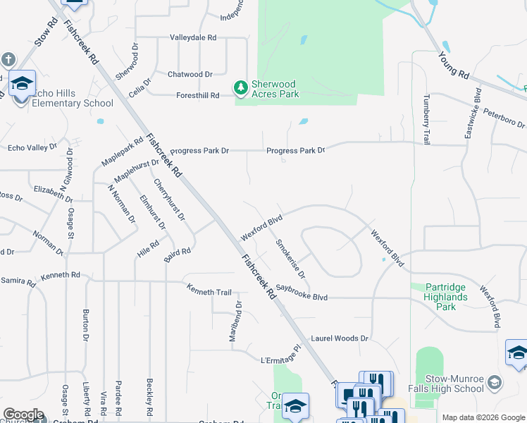 map of restaurants, bars, coffee shops, grocery stores, and more near 4395 Smokerise Drive in Stow