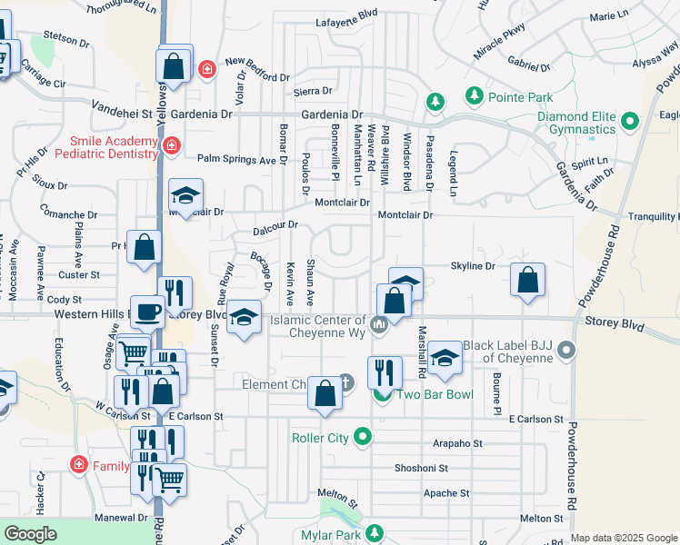 map of restaurants, bars, coffee shops, grocery stores, and more near 602 Killarney Drive in Cheyenne